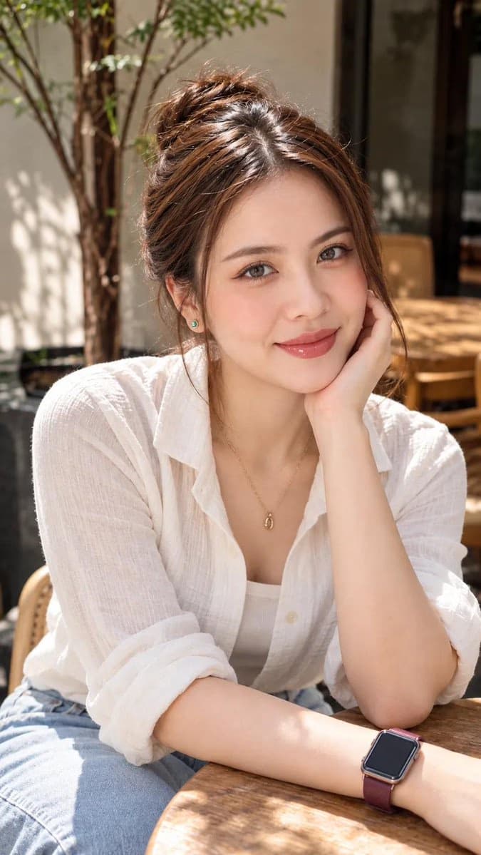 Portrait of woman at outdoor cafe in sunlight