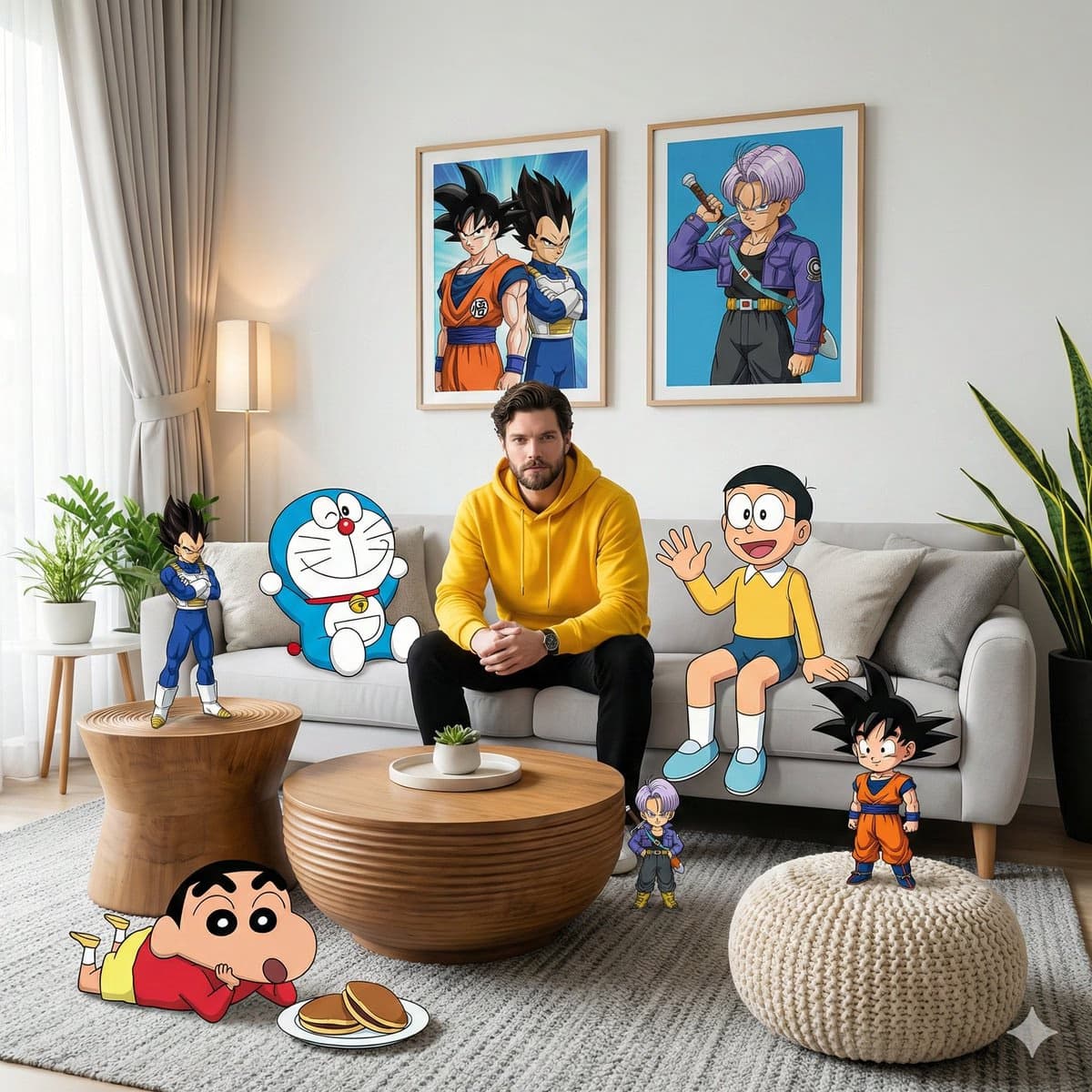 黄色连帽衫男人与动漫角色在客厅