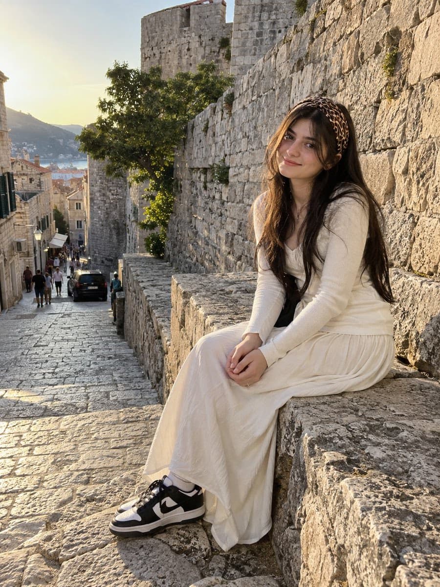 Woman on Stone Fortress Wall in Historic Street