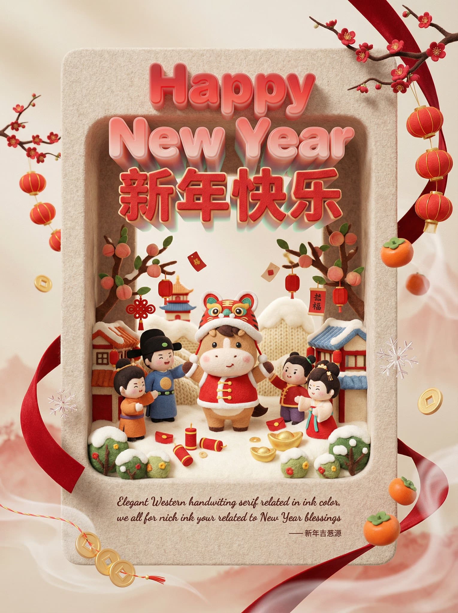 毛毡材质新年海报，立体玻璃文字悬浮