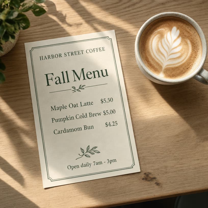 Rustic Fall Coffee Menu with Latte