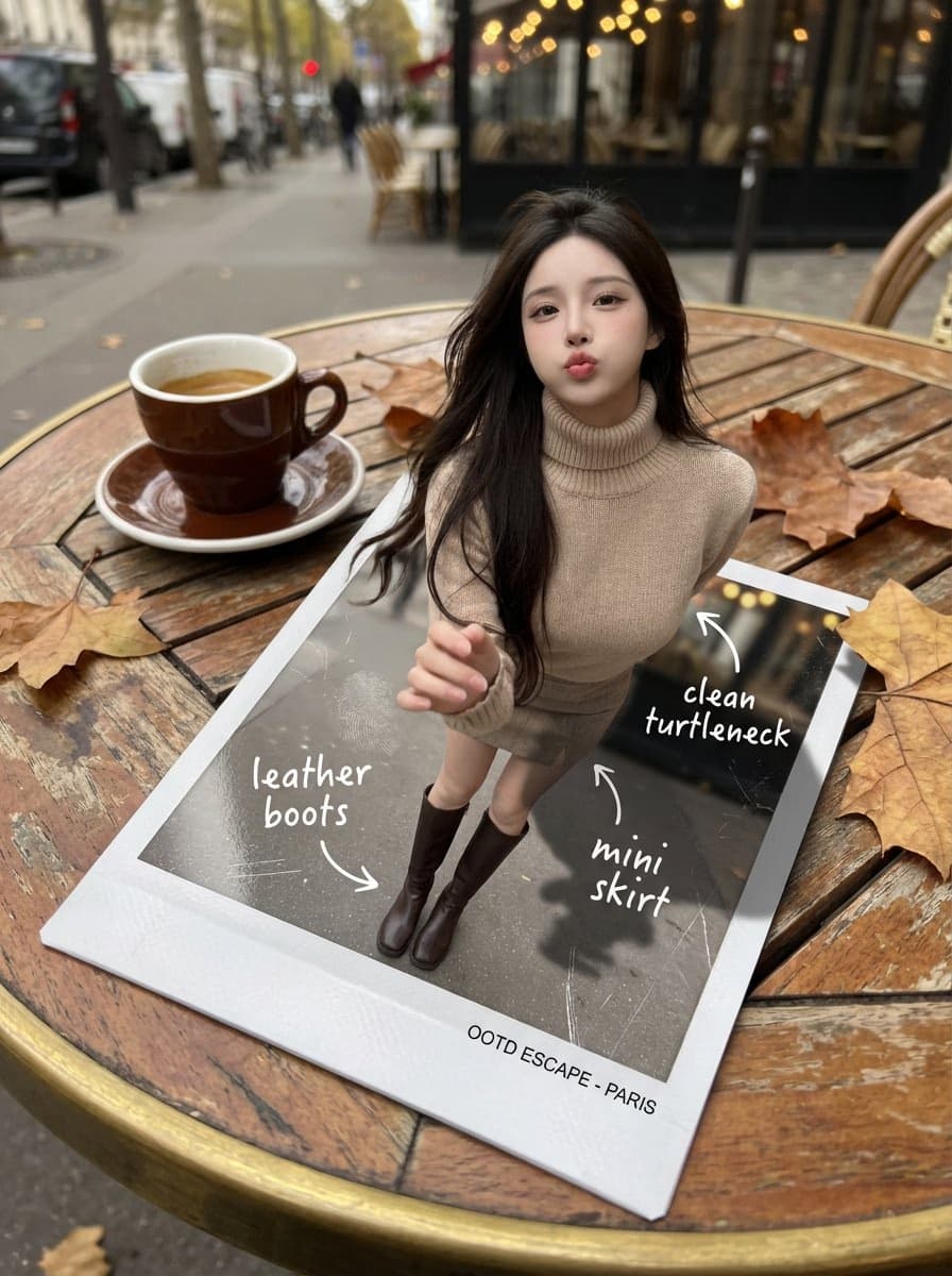 女人从咖啡馆桌上的拍立得照片中浮现