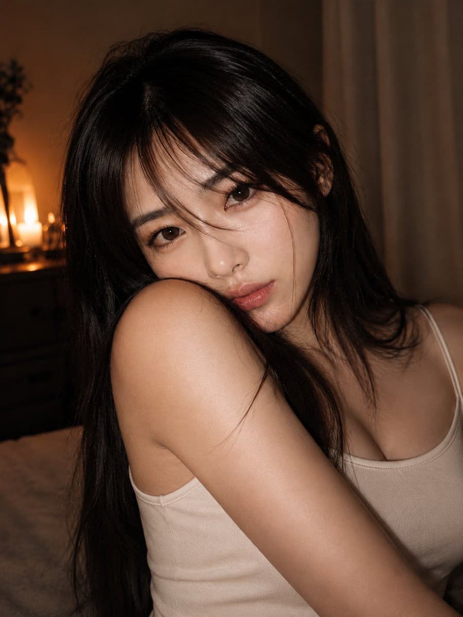 Candlelit Woman Resting Head on Shoulder