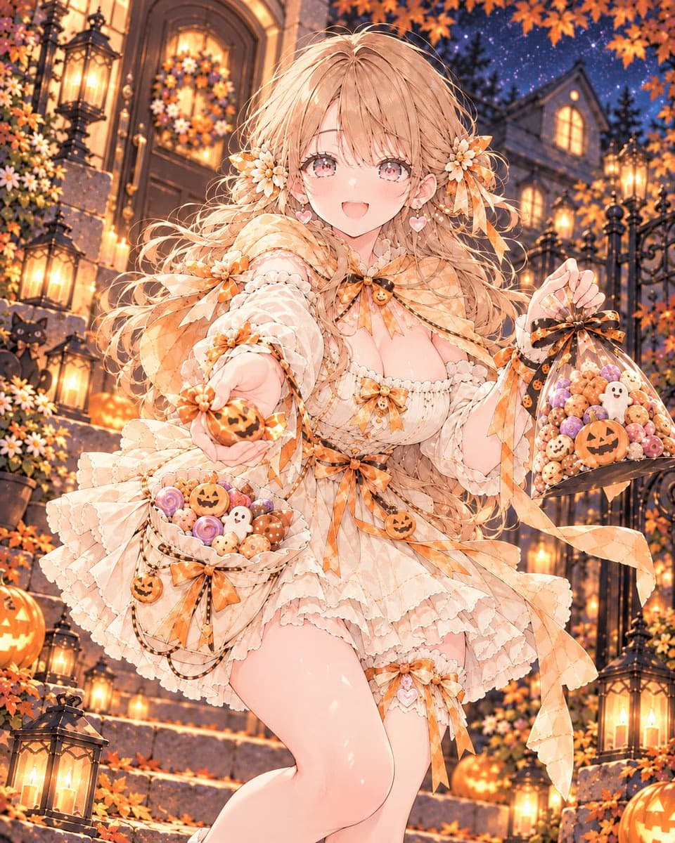 Anime Girl in Halloween Treat Dress at Night