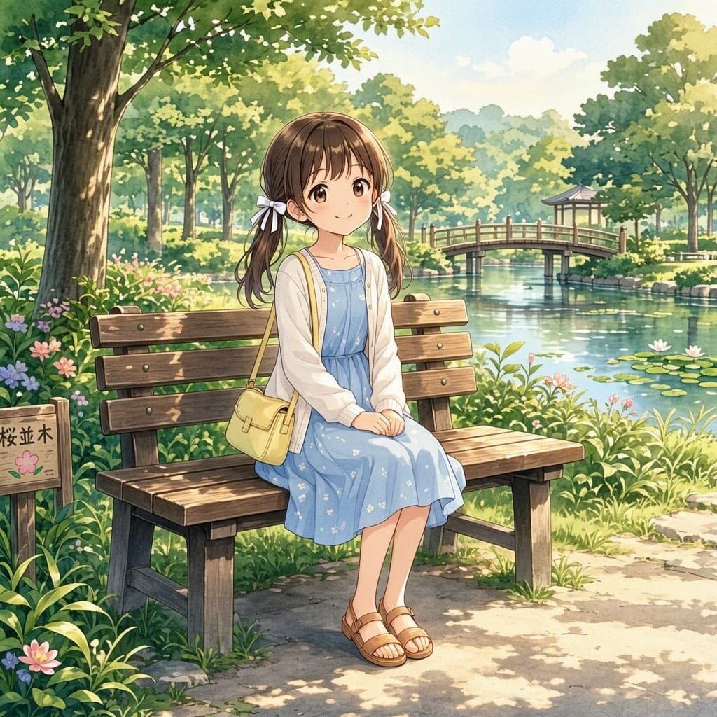 Girl on Bench in Japanese Garden