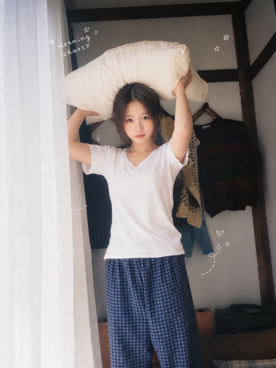 Cozy Morning Bedroom Portrait with Pillow and Doodles