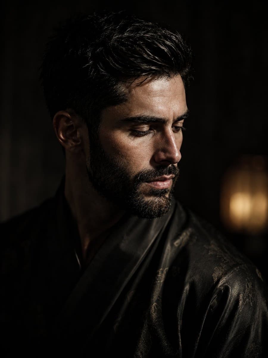 Melancholic Chiaroscuro Portrait in Silk