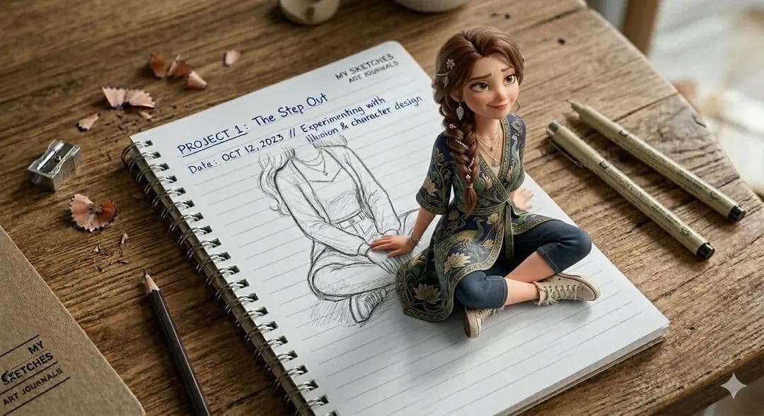 女孩从螺旋笔记本中走出的3D艺术