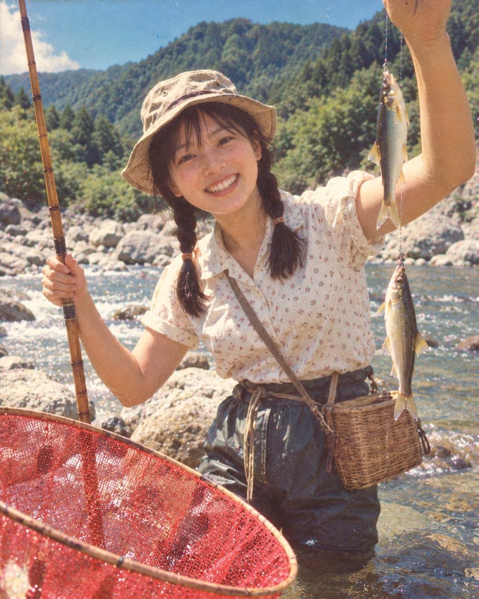 女子河中垂钓展示新捕获的鱼