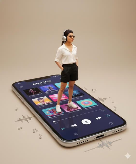 Person on Giant Smartphone in Surreal Scene